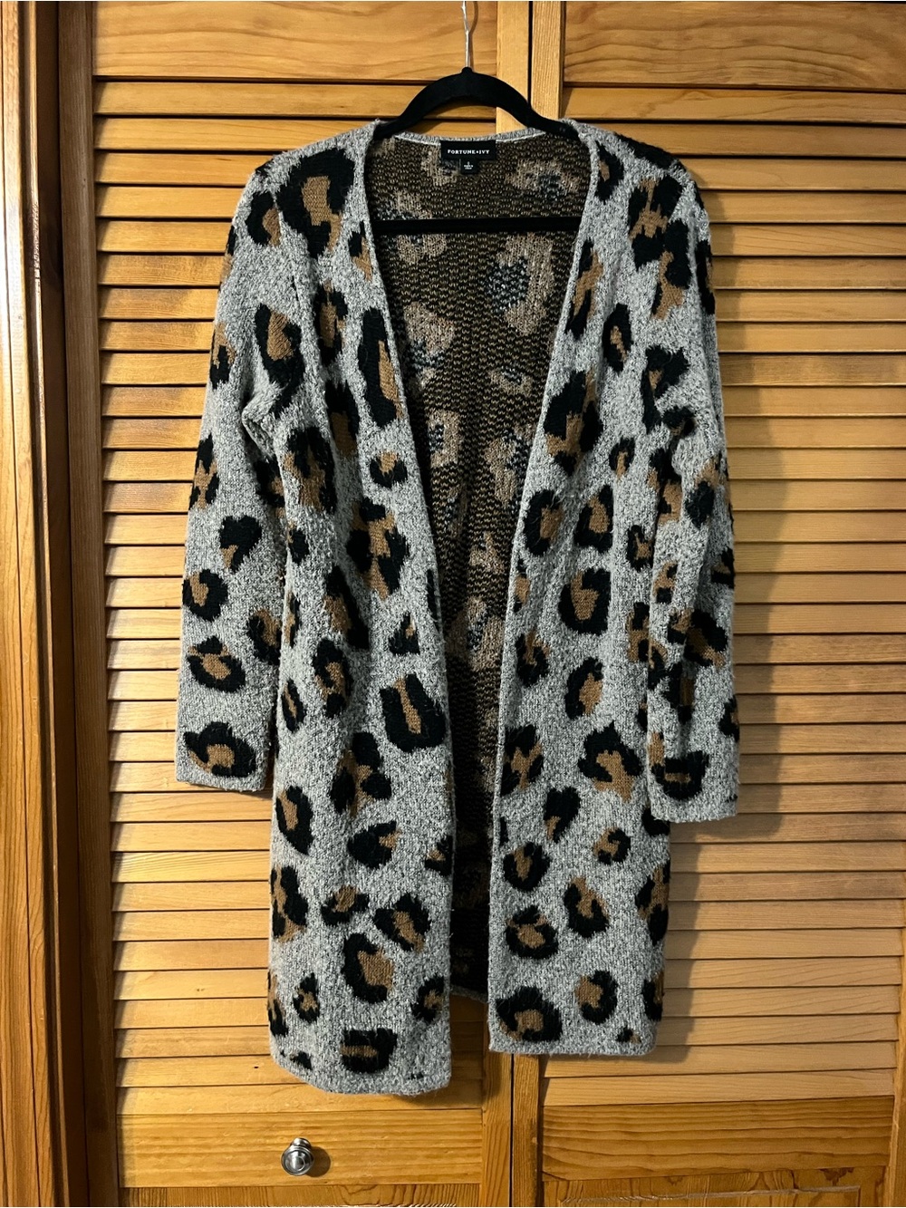 Open-Front Leopard Print Long Cardigan - Gray/Tan/Black